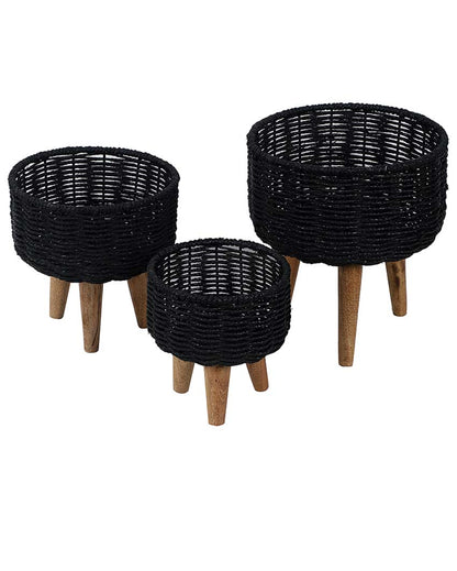 Jute and Metal Black Planters with Wooden Legs | Set Of 3