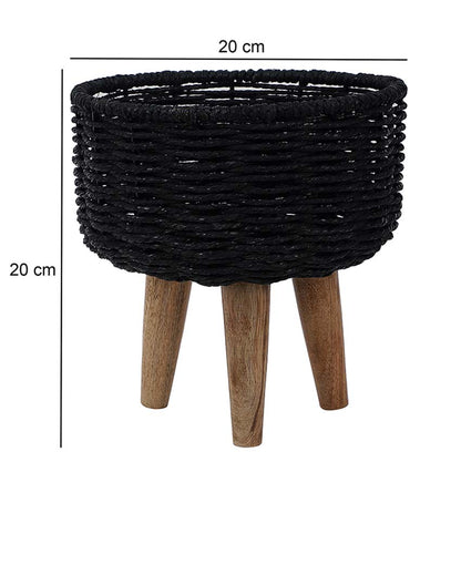 Jute and Metal Black Planters with Wooden Legs | Set Of 3
