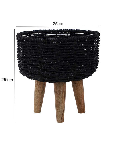 Jute and Metal Black Planters with Wooden Legs | Set Of 3