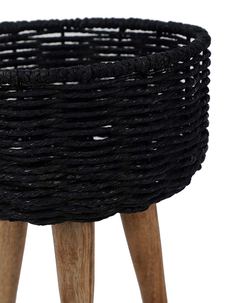 Jute and Metal Black Planters with Wooden Legs | Set Of 3