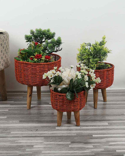 Jute and Metal Black Planters with Wooden Legs | Set Of 3