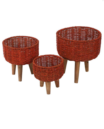 Jute and Metal Black Planters with Wooden Legs | Set Of 3