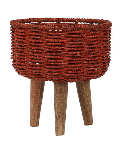 Jute and Metal Black Planters with Wooden Legs | Set Of 3