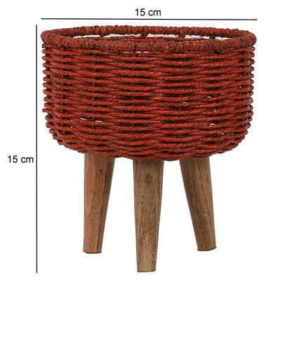 Jute and Metal Black Planters with Wooden Legs | Set Of 3