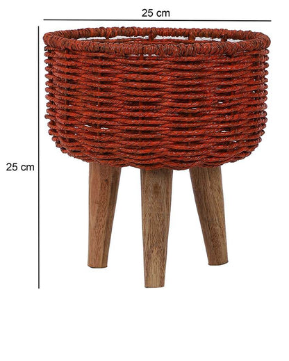 Jute and Metal Black Planters with Wooden Legs | Set Of 3