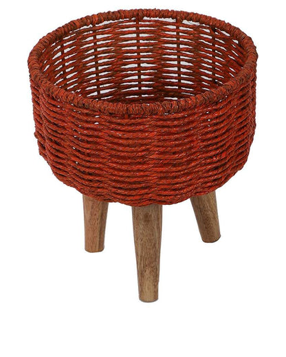 Jute and Metal Black Planters with Wooden Legs | Set Of 3