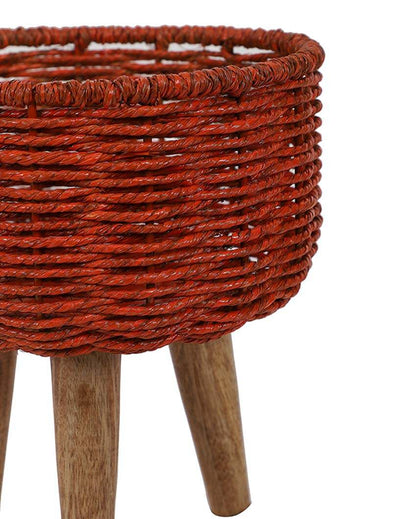 Jute and Metal Black Planters with Wooden Legs | Set Of 3