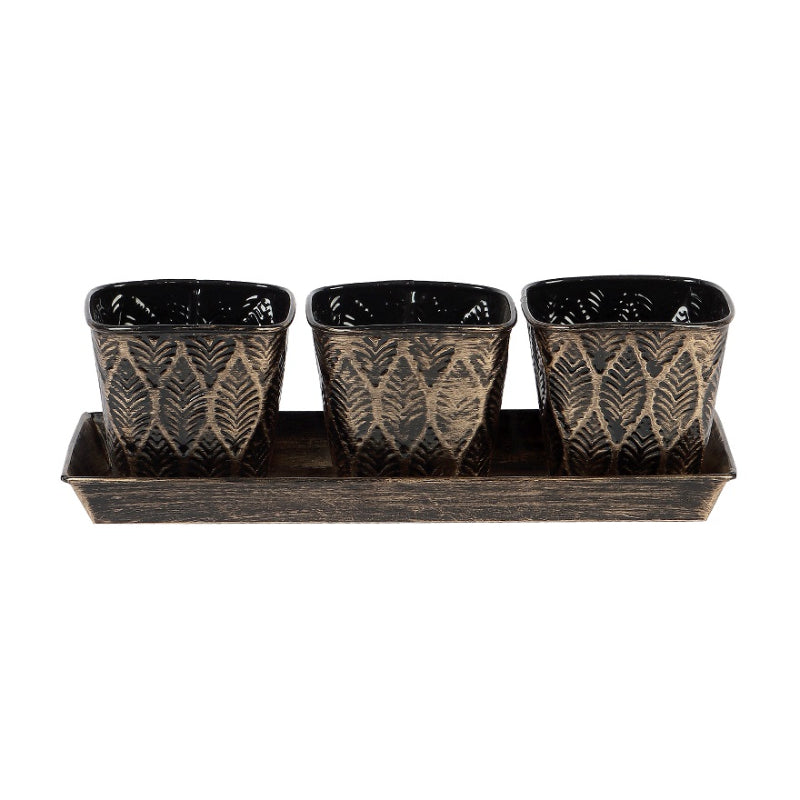 Black & Gold  Table Planters with Tray | Set of 4