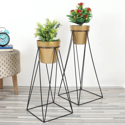 Big Pot Shape Gold Planter with Wide Stand Set