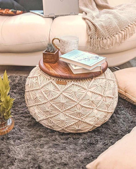 Natural Cotton Cord Hand Knitted Filed Pouffe