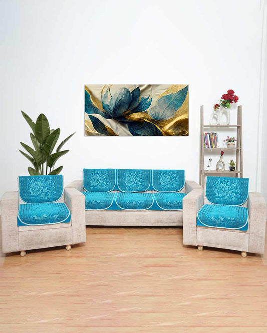 Blue Floral Velvet Sofa Cover 5 Seater | 68 X 26 Inches