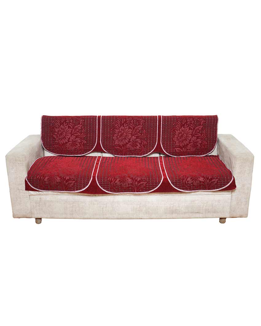 Dark Red Floral Velvet Sofa Cover 5 Seater | 68 X 26 Inches