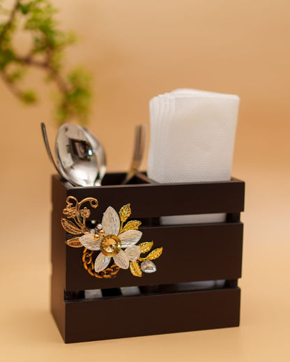 The Allure of Royal Blossom Wooden Brown Cutlery Holder | 6 x 4 x 5 inches