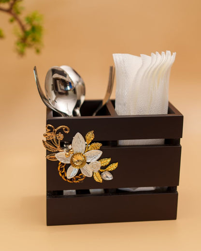 The Allure of Royal Blossom Wooden Brown Cutlery Holder | 6 x 4 x 5 inches