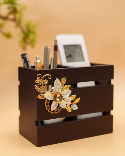 The Allure of Royal Blossom Wooden Brown Cutlery Holder | 6 x 4 x 5 inches