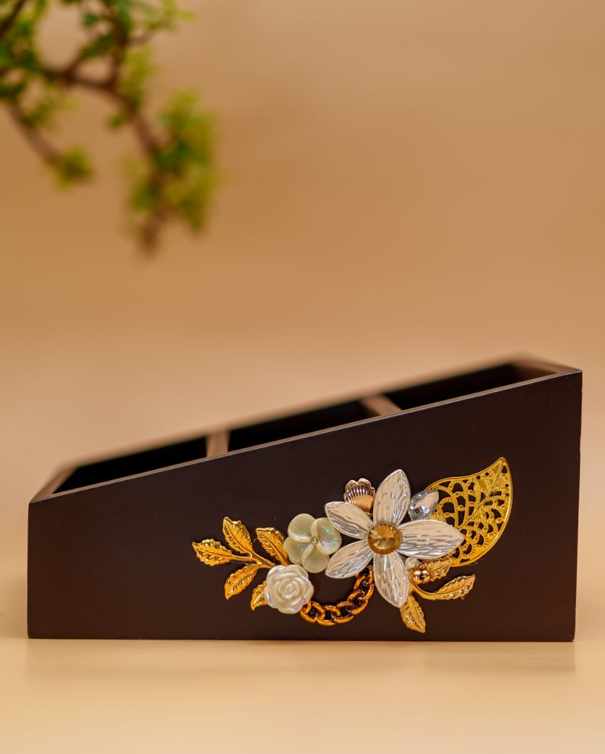 Timeless Beauty of Royal Blossom Wooden Brown Cutlery Holder | 8 x 5 x 4 inches