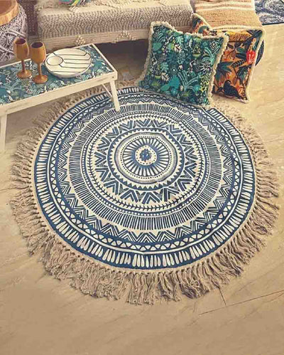 Round Meditation Mat Blue & White