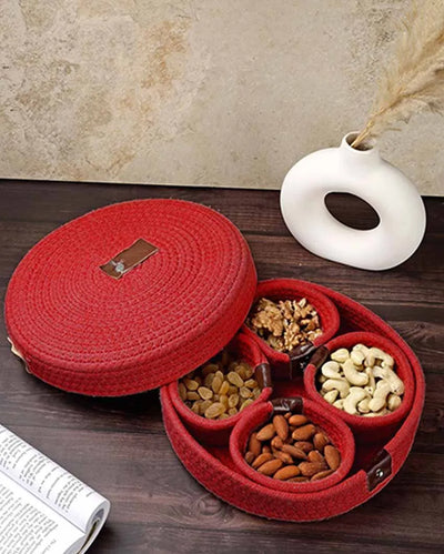 Jute Cotton Dry Fruit Storage Tray With 4 Bowls