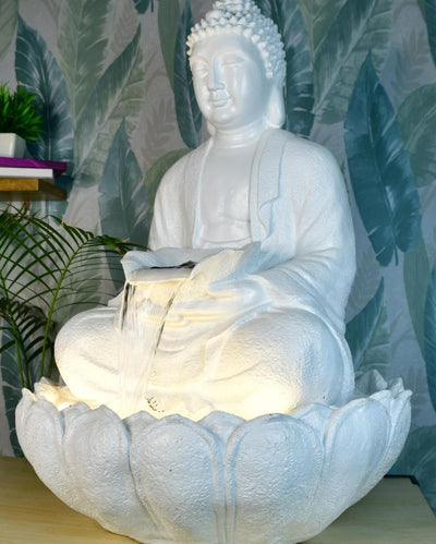 White Buddha Water Fountain Table Lamp Showpiece | 26 x 14 x 5 inches