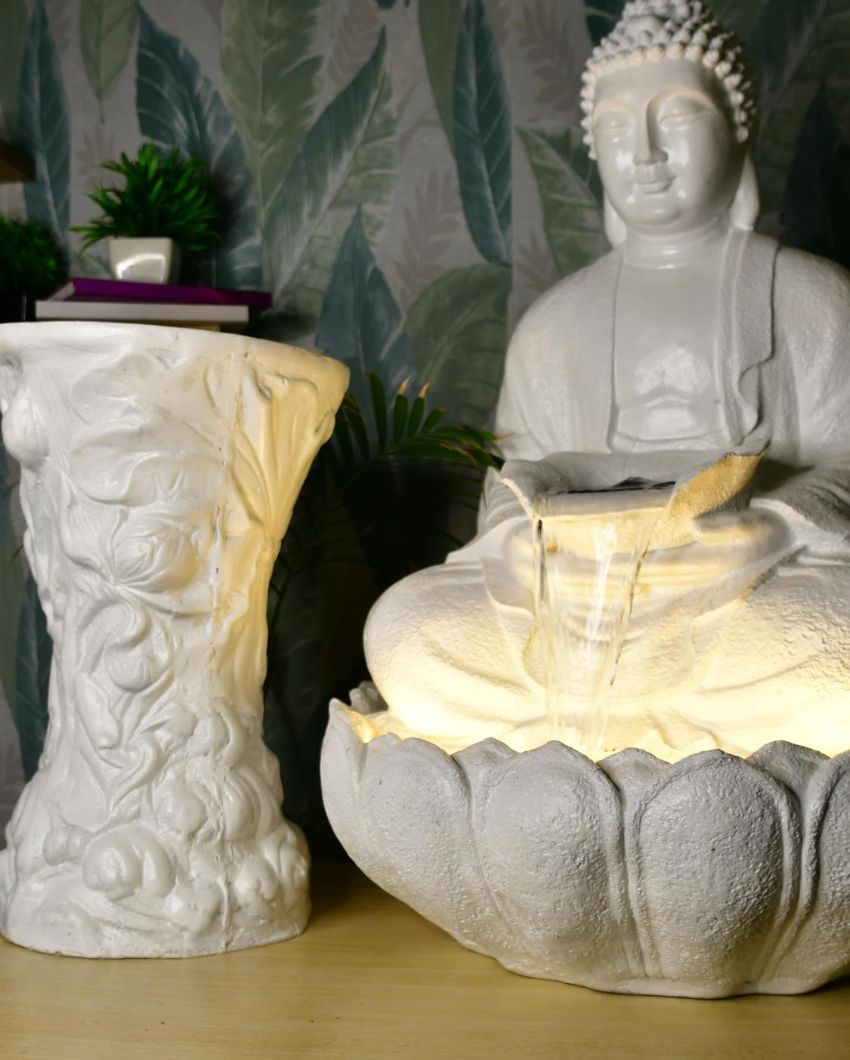 White Buddha Water Fountain Table Lamp Showpiece | 26 x 14 x 5 inches