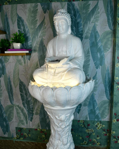 White Buddha Water Fountain Table Lamp Showpiece | 26 x 14 x 5 inches