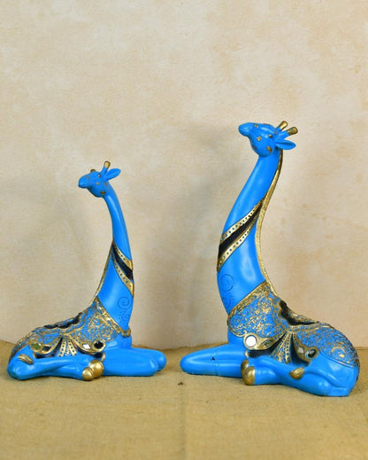 Resin Blue Giraffe Family Unique Showpieces | Set of 2