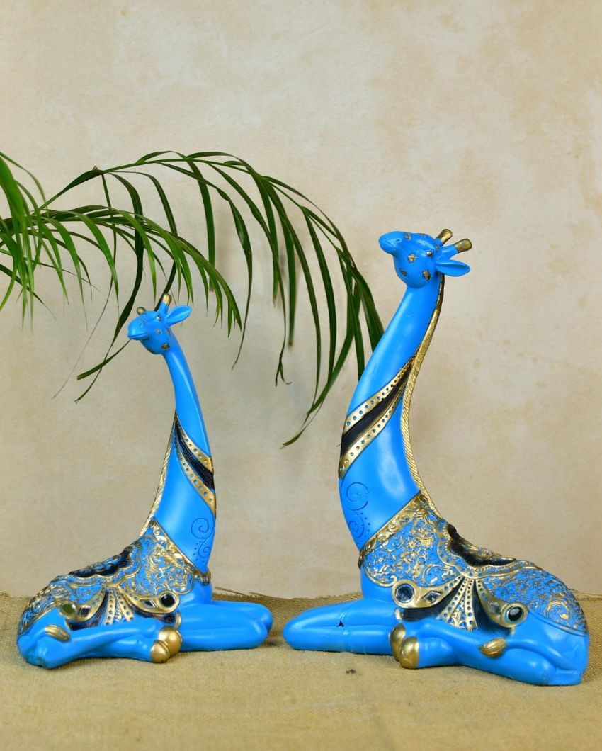 Resin Blue Giraffe Family Unique Showpieces | Set of 2