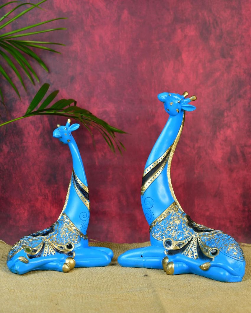 Resin Blue Giraffe Family Unique Showpieces | Set of 2