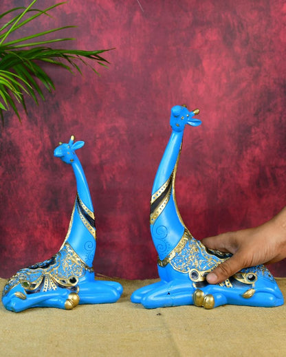 Resin Blue Giraffe Family Unique Showpieces | Set of 2