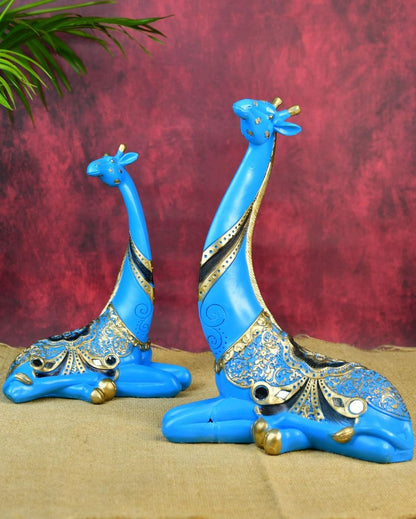 Resin Blue Giraffe Family Unique Showpieces | Set of 2