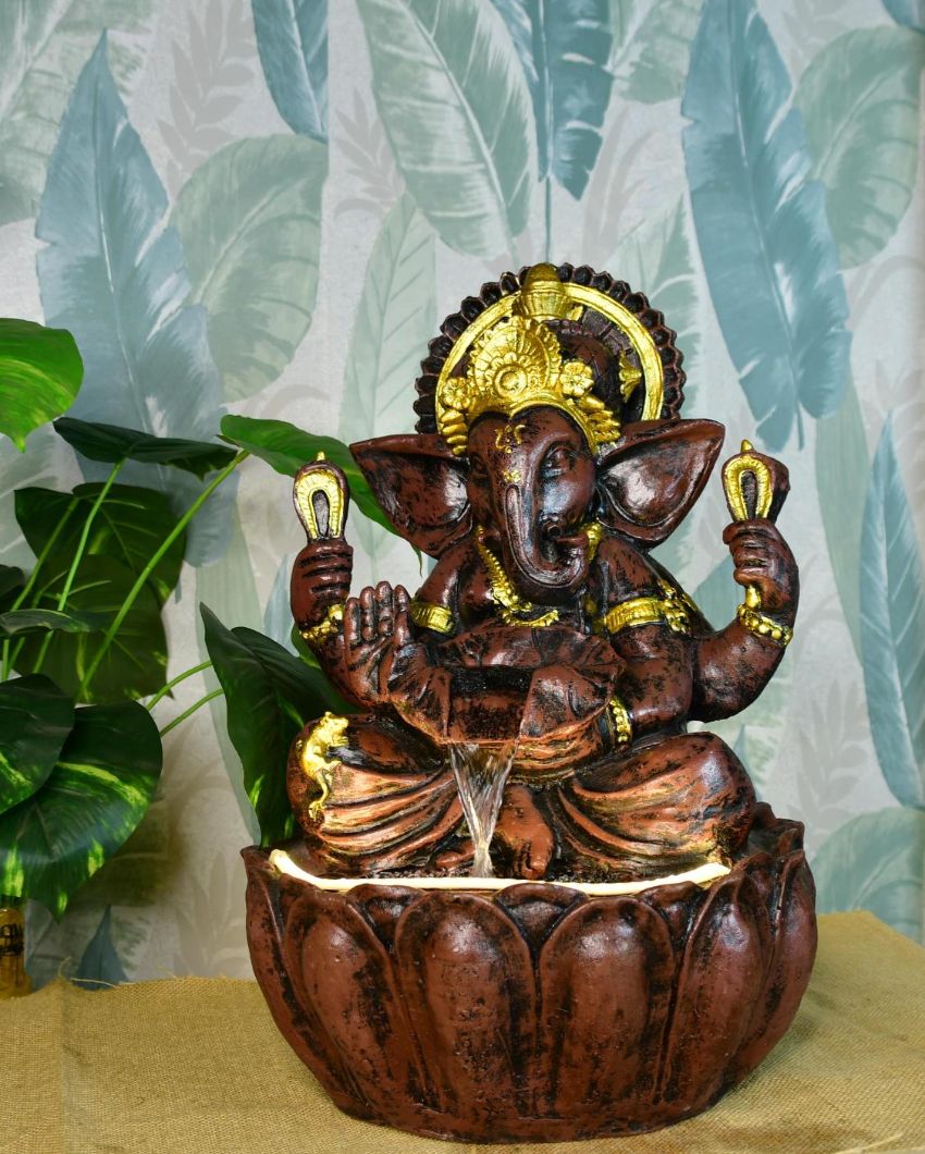 Brown Ganesha Water Fountain Showpiece | 14 x 13 x 21 inches