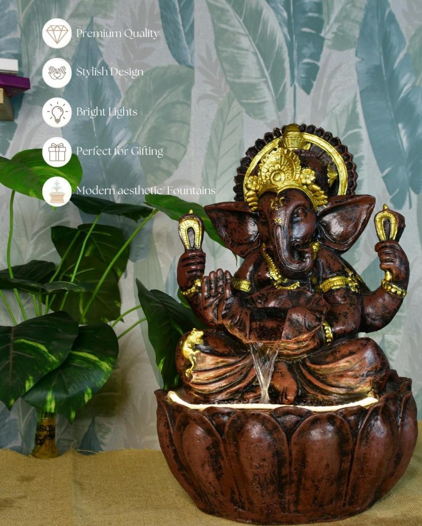 Brown Ganesha Water Fountain Showpiece | 14 x 13 x 21 inches