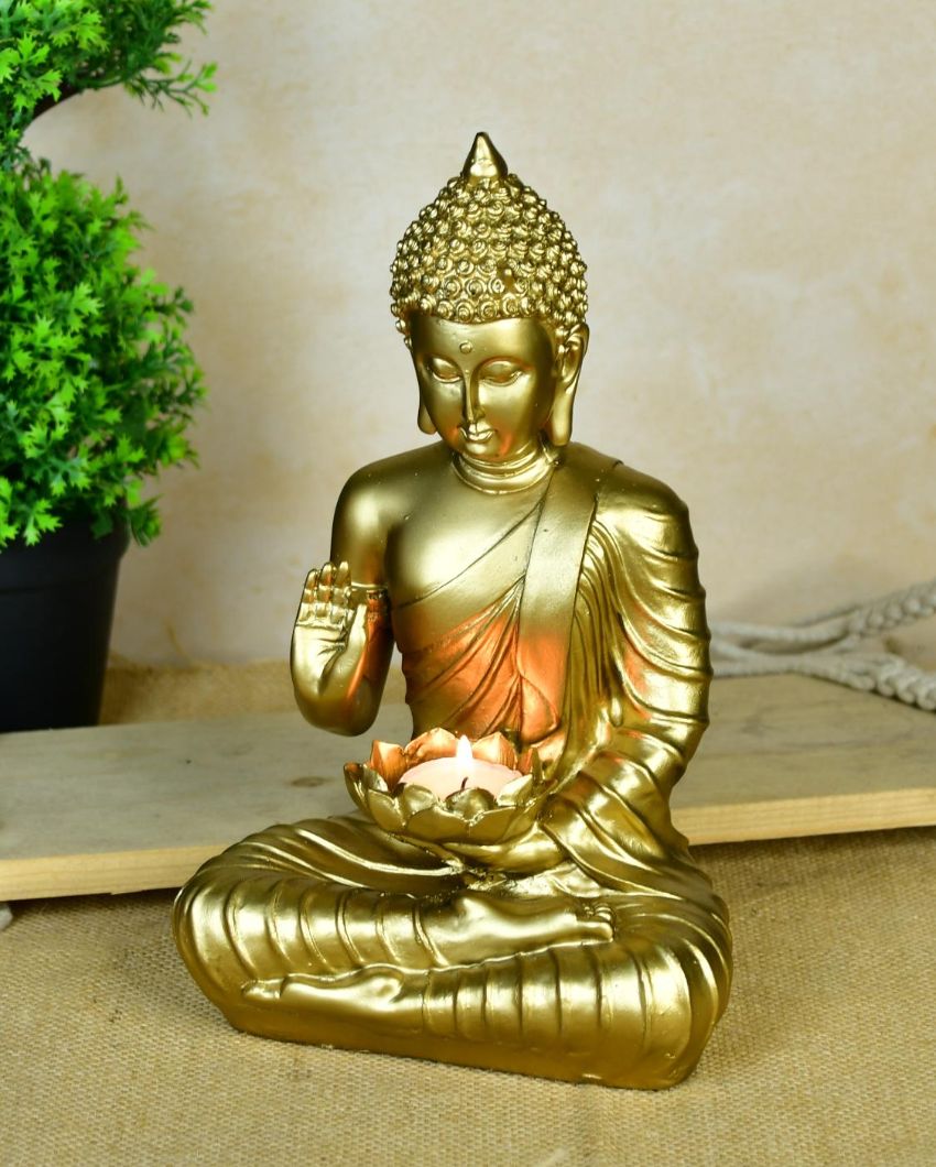 Buddha Figurine With Lotus Candle Holder Showpiece | 6 x 4 x 10 inches