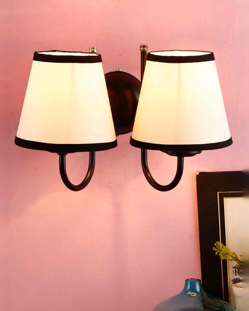 Chic White & Black Cotton Wall Dual Lamp Iron Base | Set of 2 | 12 x 6 x 9 inches