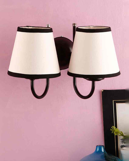 Chic White & Black Cotton Wall Dual Lamp Iron Base | Set of 2 | 12 x 6 x 9 inches