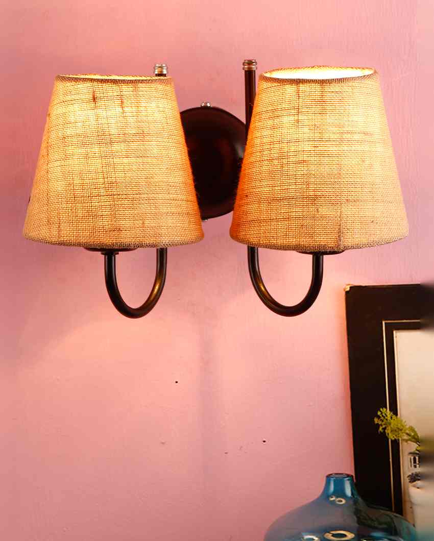 Graceful Jute Wall Dual Lamp Iron Base | Set of 2 | 12 x 6 x 9 inches