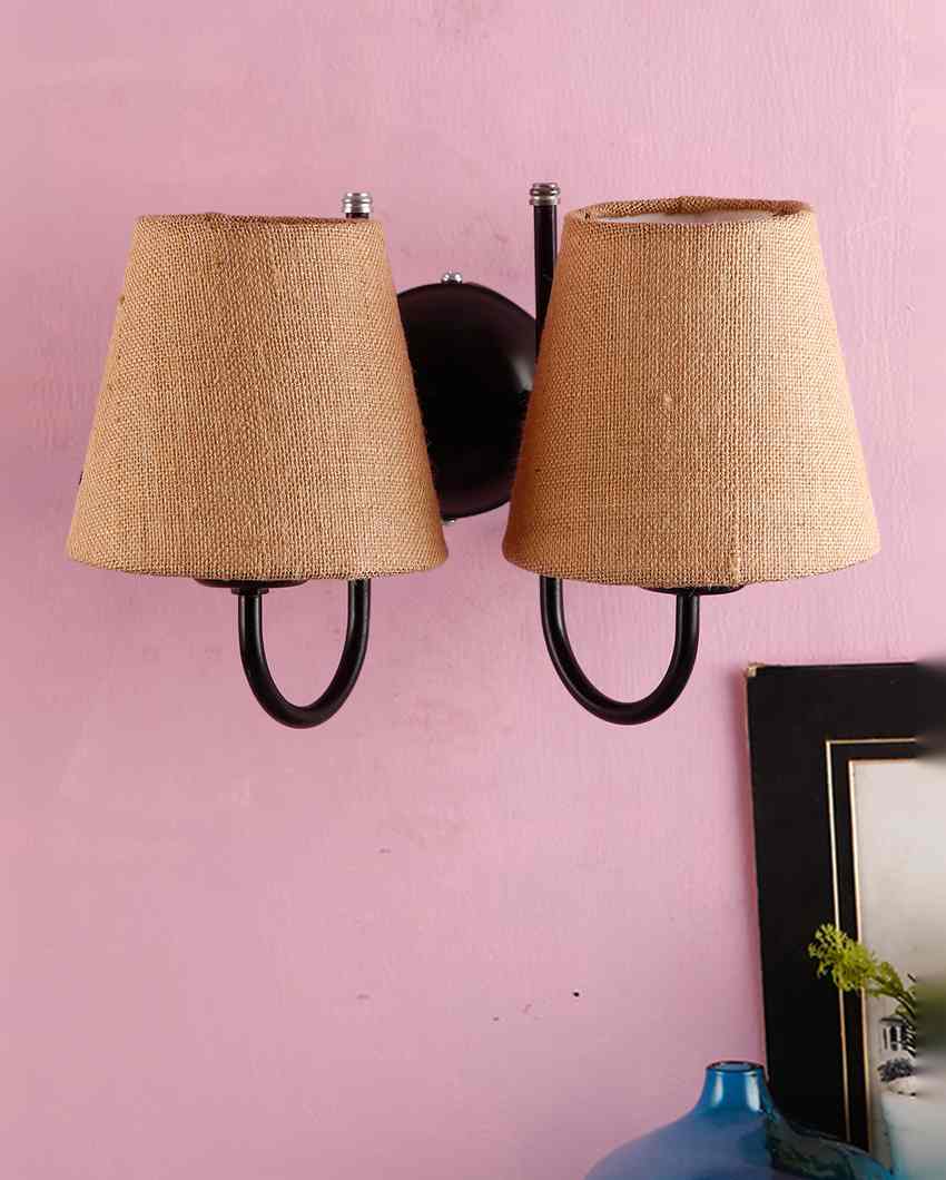 Graceful Jute Wall Dual Lamp Iron Base | Set of 2 | 12 x 6 x 9 inches