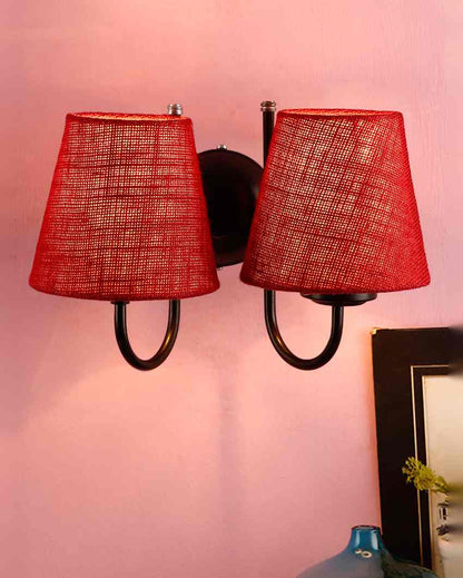 Graceful Jute Wall Dual Lamp Iron Base | Set of 2 | 12 x 6 x 9 inches