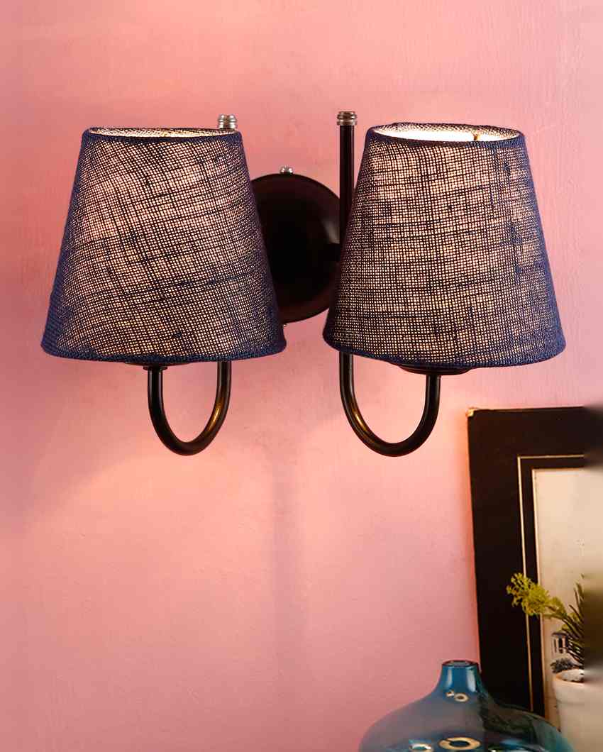 Graceful Jute Wall Dual Lamp Iron Base | Set of 2 | 12 x 6 x 9 inches