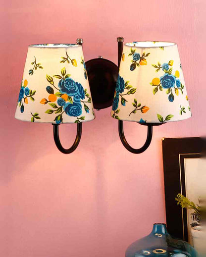 Modern Cotton Shade Wall Dual Lamp Iron Base | Set of 2 | 12 x 6 x 9 inches