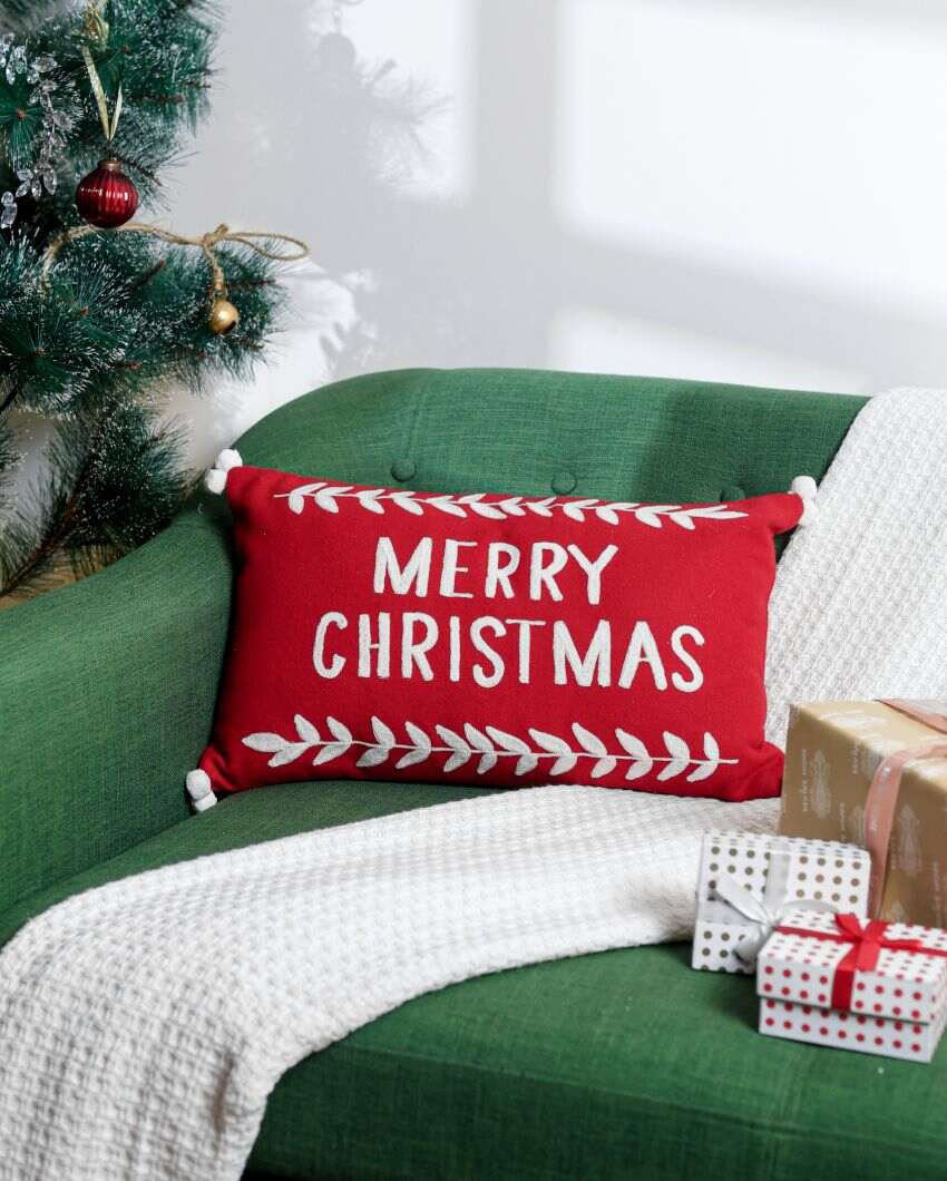 Festive Red Merry Christmas Cushion Cover | 19 X 12 Inches