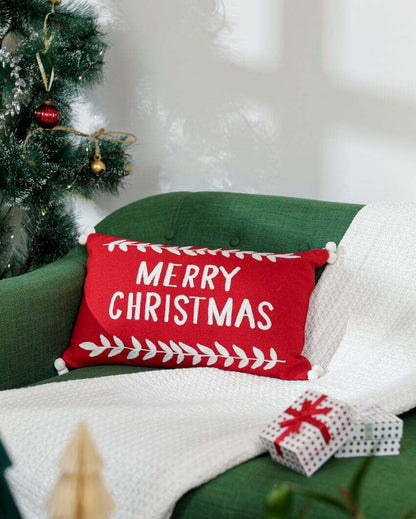 Festive Red Merry Christmas Cushion Cover | 19 X 12 Inches