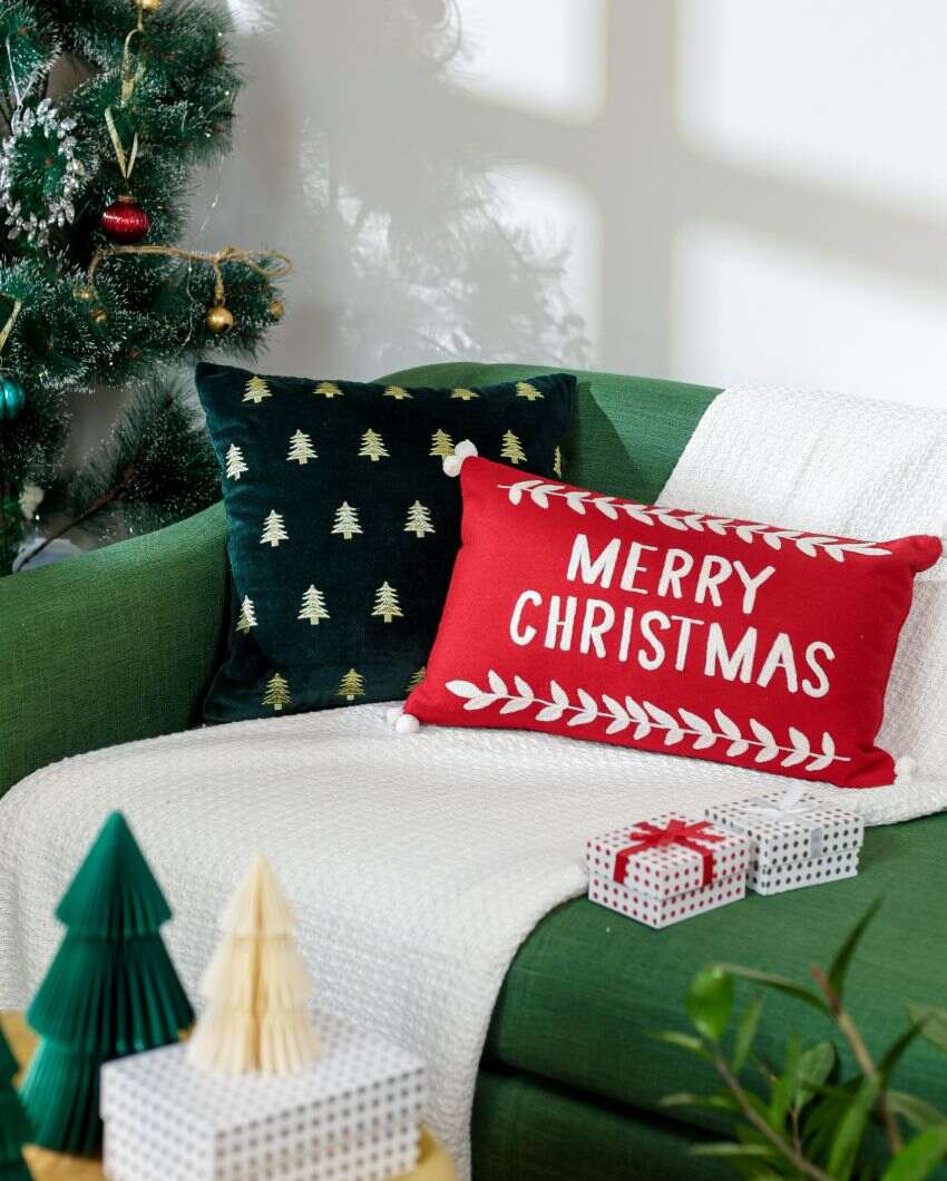 Festive Red Merry Christmas Cushion Cover | 19 X 12 Inches