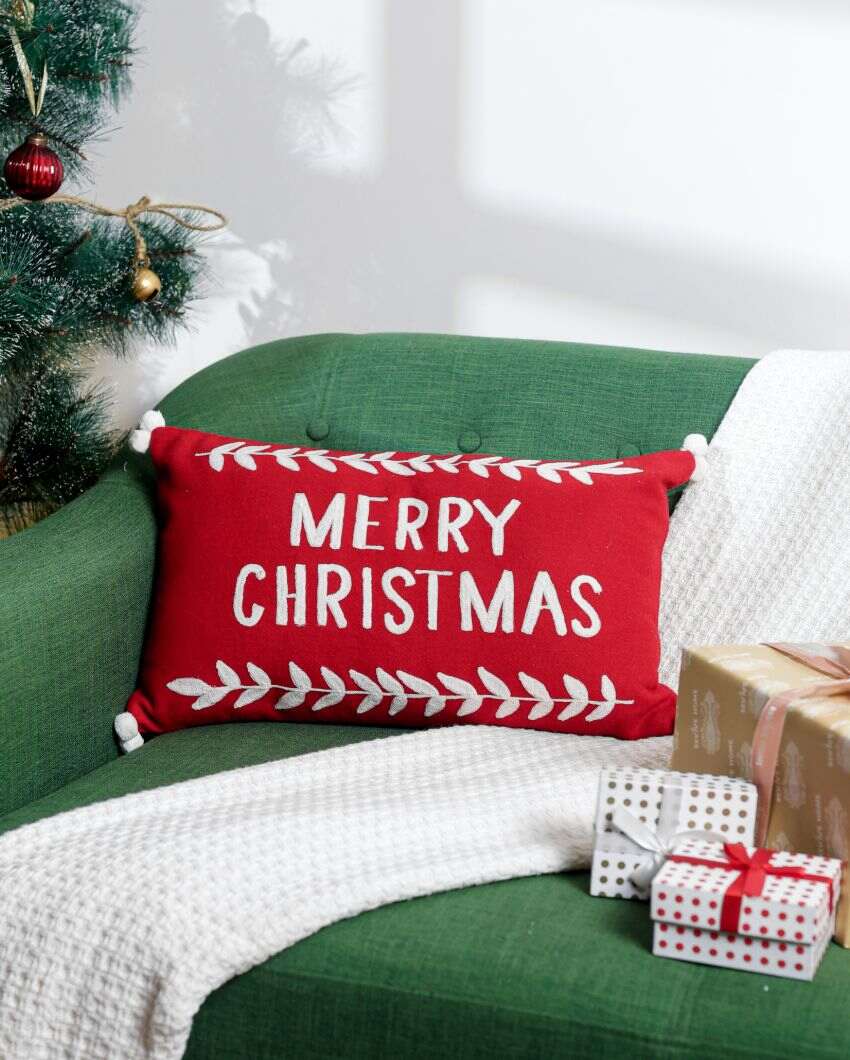 Festive Red Merry Christmas Cushion Cover | 19 X 12 Inches