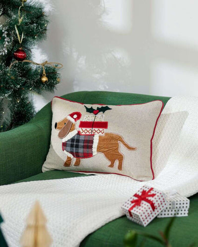 Christmas Cotton Cushion Cover With Dog Design | 20 X 14 Inches