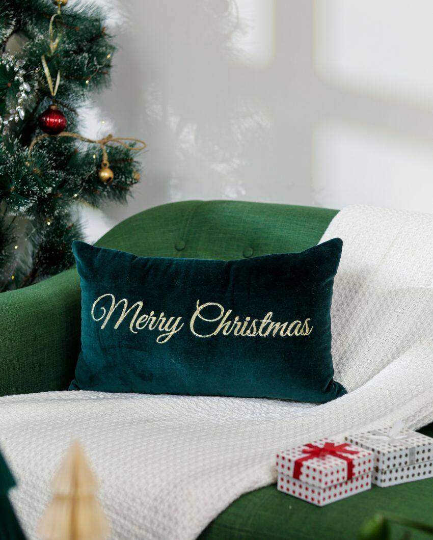 Green Merry Christmas Velvet Cushion Cover | 20 X 12 Inches