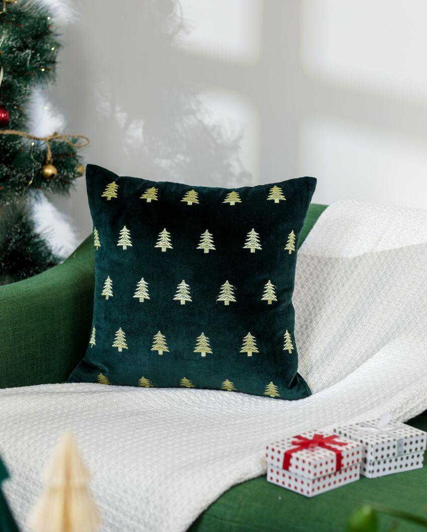 Green Whimsical Christmas Velvet Cushion Cover | 17 X 17 Inches