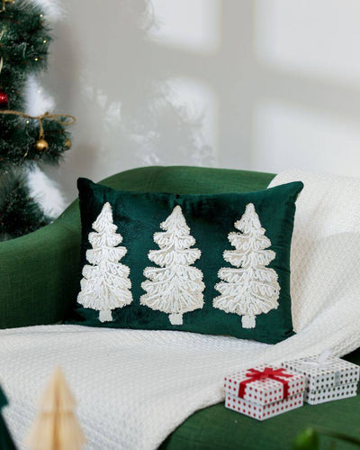 Green White Christmas Velvet Cushion Cover | 20 X 14 Inches