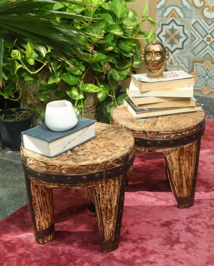 Rustic Charm with Reclaimed Babool Wood Mushroom Naga Jute Stool | 13 x 12 inches