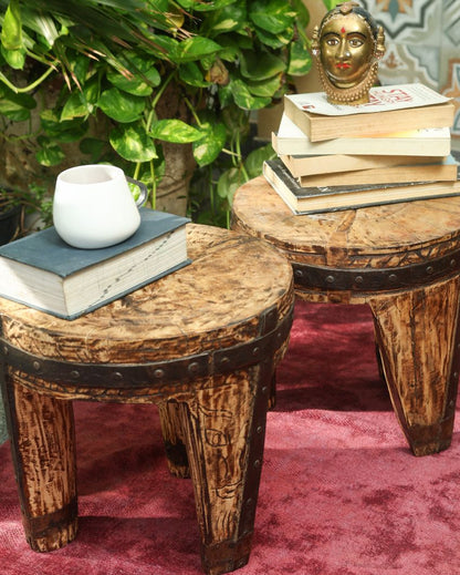 Rustic Charm with Reclaimed Babool Wood Mushroom Naga Jute Stool | 13 x 12 inches